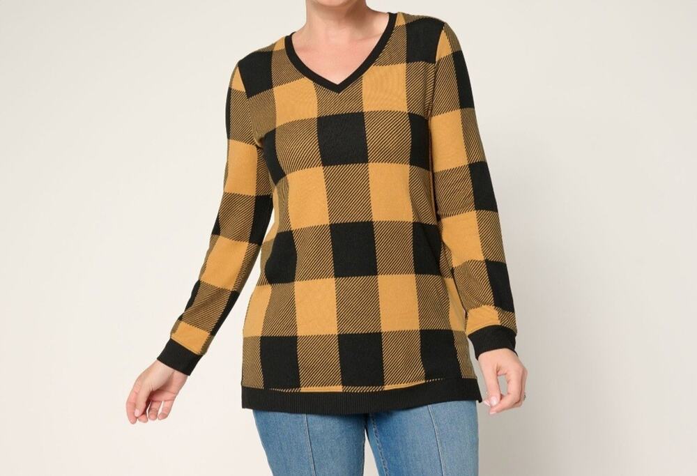 Denim & Co 2X Camel & Black Plaid Buffalo Heavenly Jersey Tunic A710243 NWOT